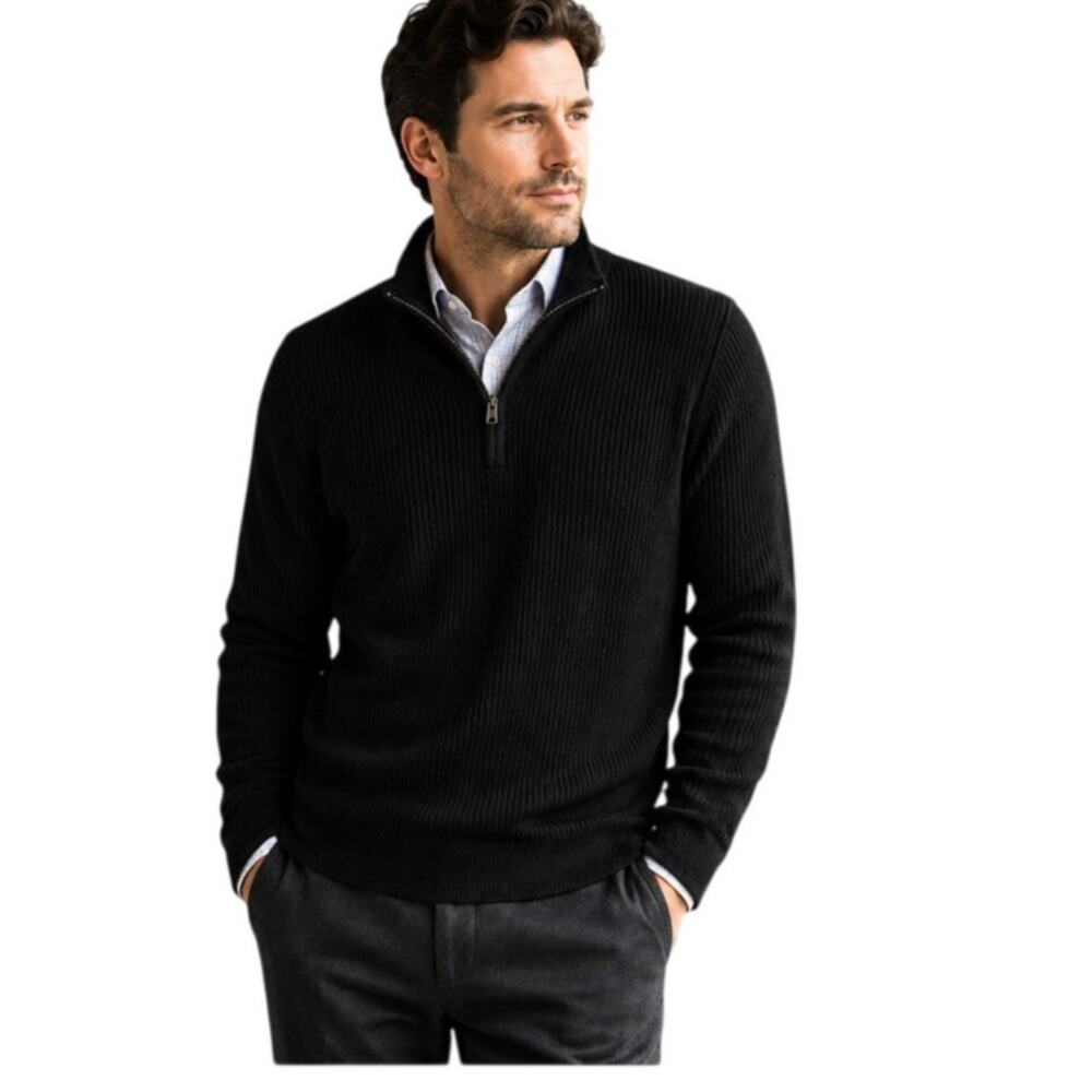 Hickey Freeman 1/4 Zip Sweater Ribbed Black Knit Mens Luxury Pullover